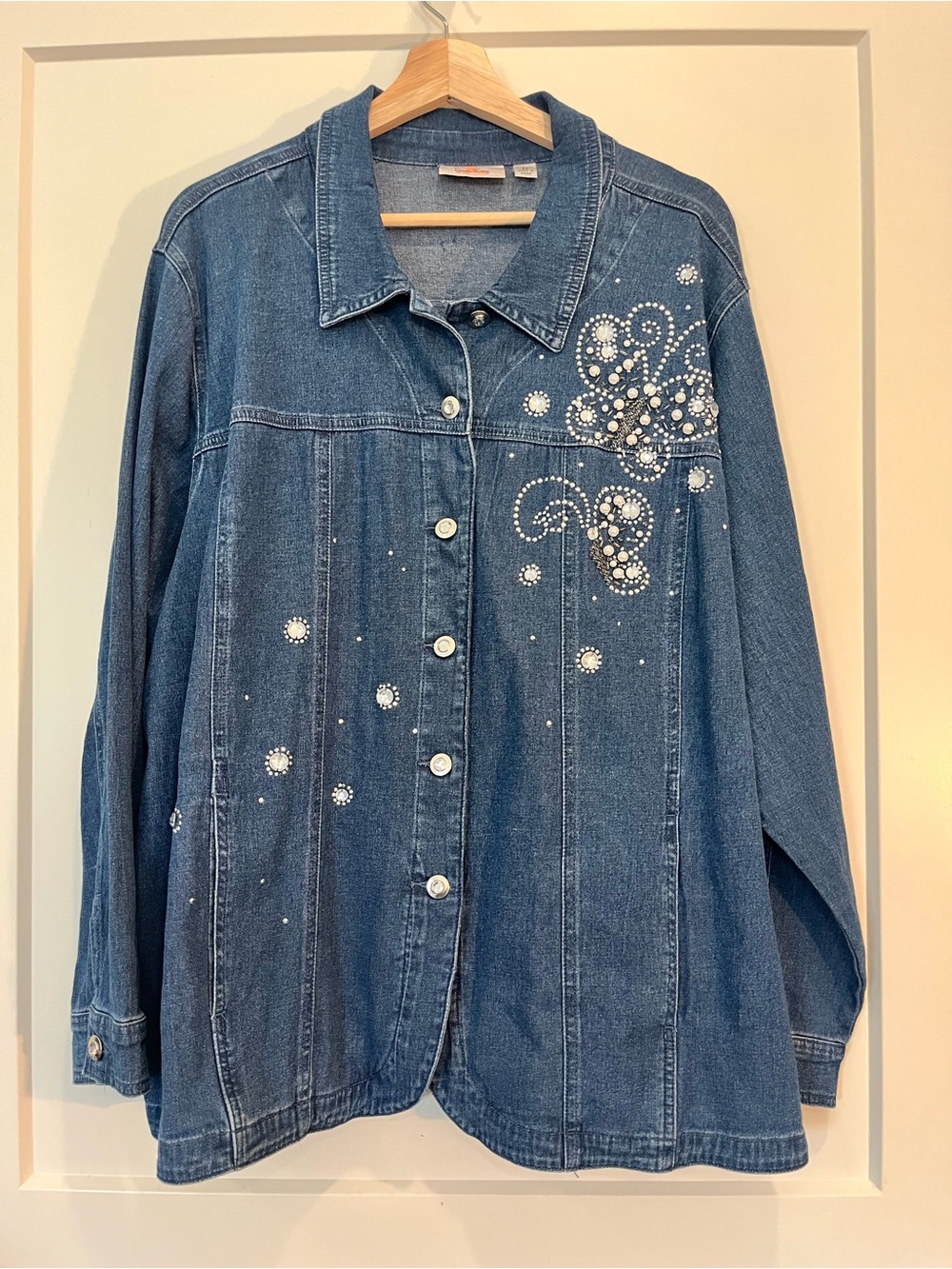 Quacker Factory 2X Butterfly Rhinestone Pearls Western Denim Artsy Boho jacket